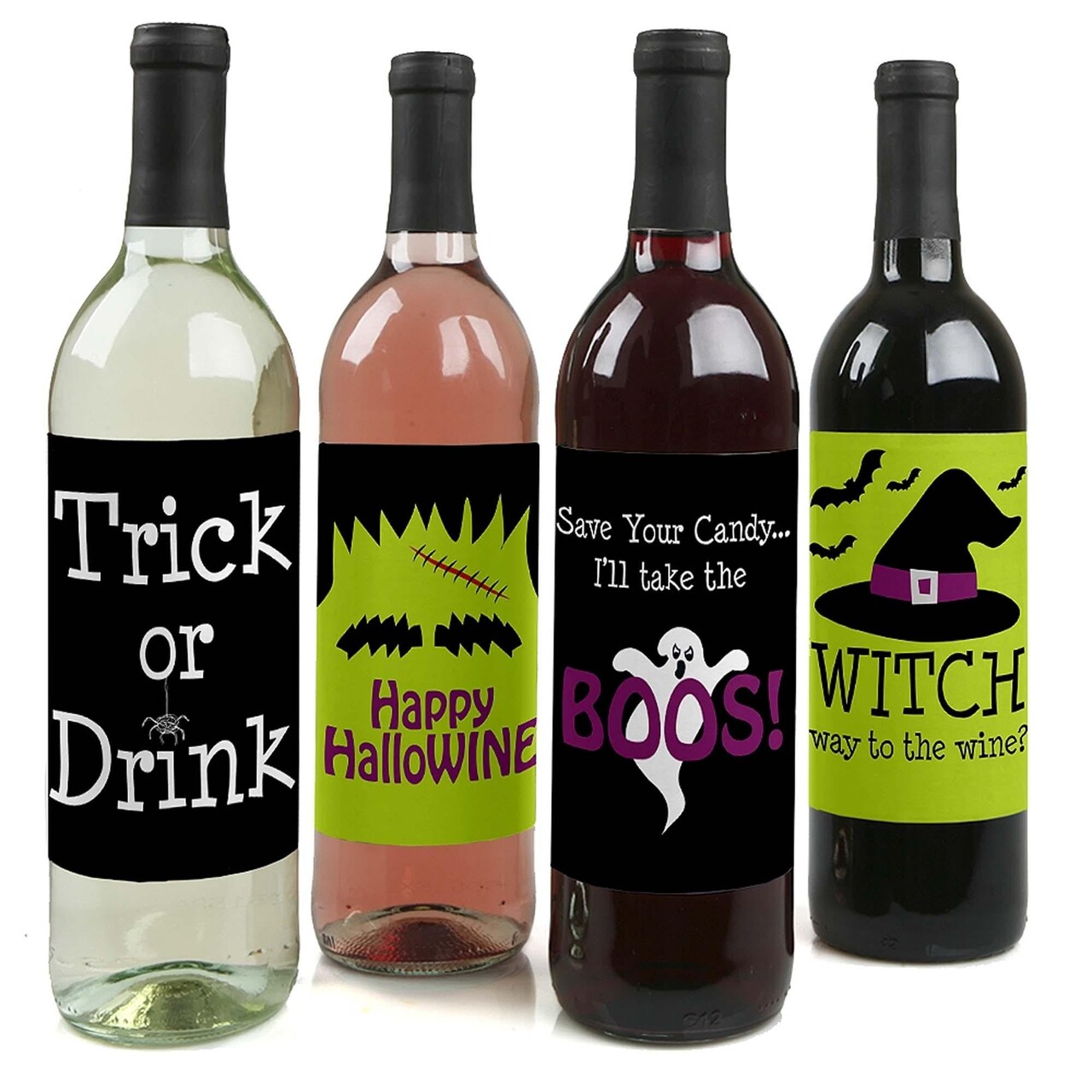 Big Dot of Happiness Trick or Treat - Halloween Party Decorations for Women and Men - Wine Bottle Label Stickers - Set of 4